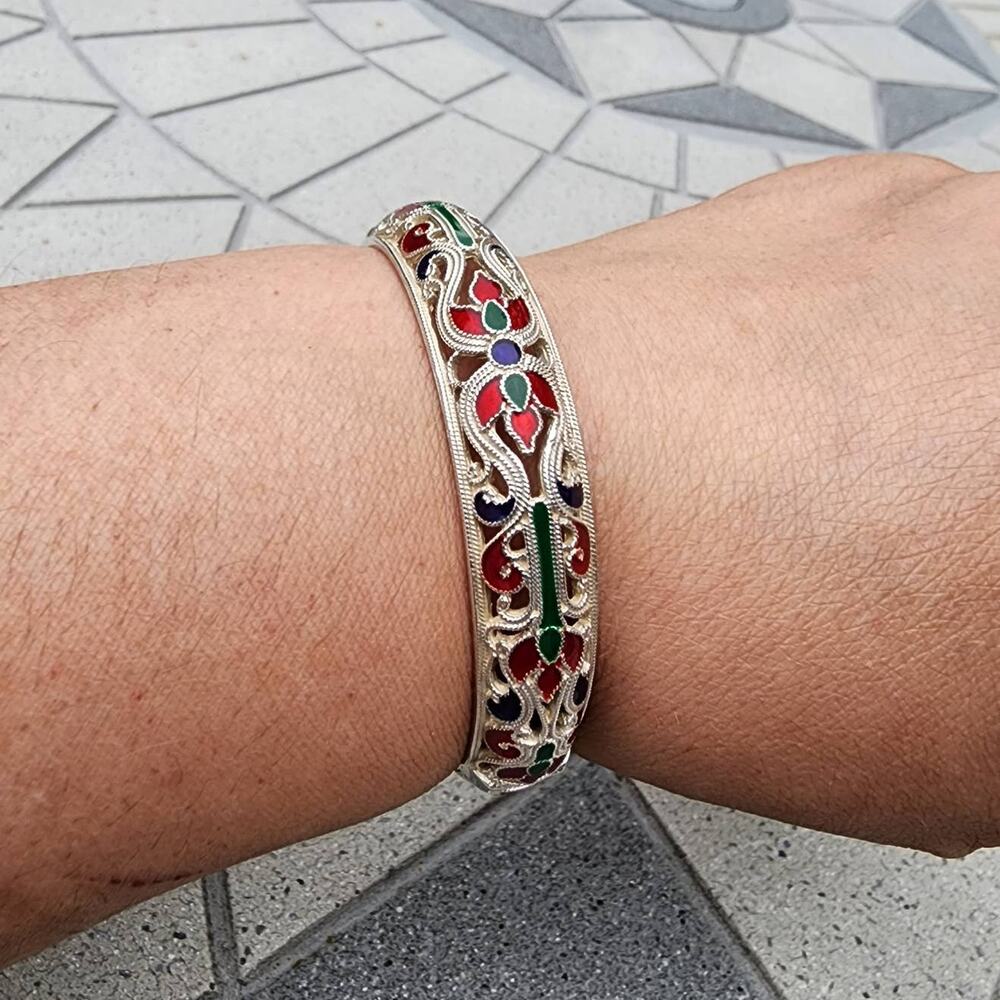 Bollywood .925 Sterling Silver Enamel Filigree Open Work Bangle Bracelet Vintage